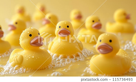 Yellow rubber ducks in water with bubbles against a yellow background. 115736493