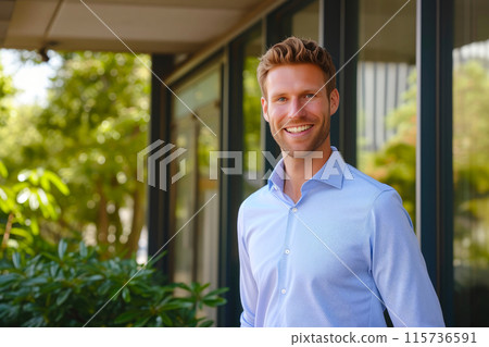 Strategic Investment: Man Grins by Freshly Acquired Office 115736591
