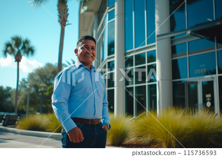Entrepreneurial Joy: Proud Owner at Office Facade 115736593
