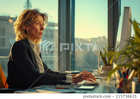 Concerned Businesswoman Analyzing Data in Urban Office Setting Concerned Businesswoman Analyzing Data in Urban Office Setting 115736615