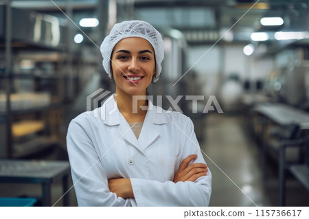 Expertise in Motion: Woman in Lab Coat at Food Plant Expertise in Motion: Woman in Lab Coat at Food Plant 115736617