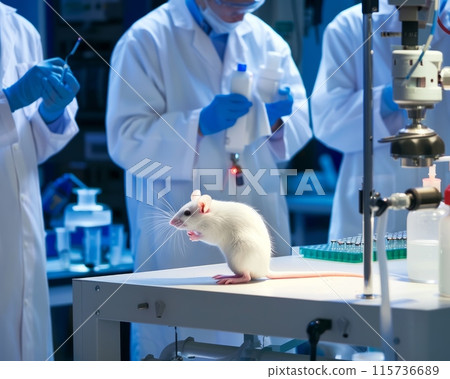 three lab asistants in white labcoats observed a white mouse 115736689