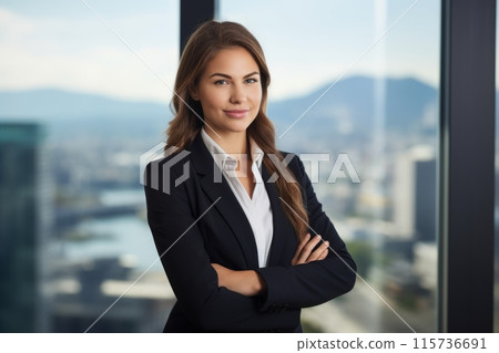 Confident businesswoman in a suit, standing with arms crossed in an office. Confident businesswoman in a suit, standing with arms crossed in an office. 115736691