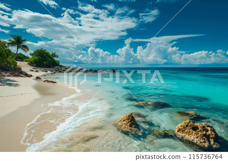 Palm-fringed Paradise: Rocks and Cloud-kissed Horizon 115736764