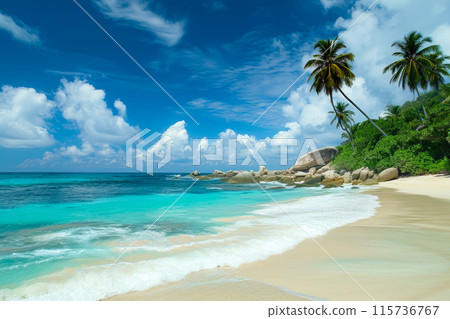 Idyllic Tropical Getaway: Sandy Shores and Palm Trees 115736767