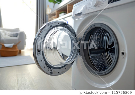 Chic Laundry Spaces: Contemporary Washer on Parquet Floor 115736809