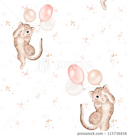 Seamless pattern with childish illustration of a leopard with a pink and beige balloons. Hand drawn watercolor illustration on isolated background. Baby animal for baby design in minimalist style. Seamless pattern with childish illustration of a leopard with a pink and beige balloons. Hand drawn watercolor illustration on isolated background. Baby animal for baby design in minimalist style. 115736836