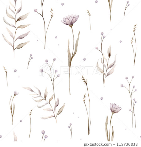 Watercolor seamless pattern floral delicate pastel vintage green violet brown bouquet. Hand drawn illustration isolated on white background. Repeat flower and herb herds pastel color Watercolor seamless pattern floral delicate pastel vintage green violet brown bouquet. Hand drawn illustration isolated on white background. Repeat flower and herb herds pastel color 115736838