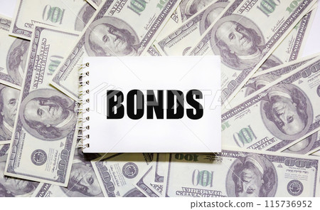 Word BONDS and savings dollars banknotes. The growth of asset and investment management.  115736952