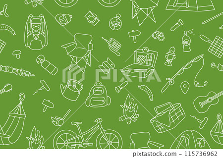 Seamless pattern on the theme of picnic, travel and camping. Doodle style. Vector 115736962