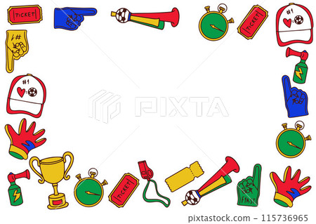 Photo of paraphernalia of football players and fans in doodle style. Football decorative illustration. 115736965