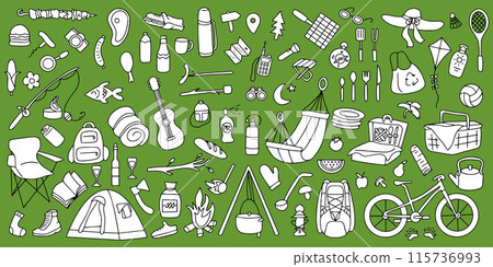 Hand drawn picnic, travel and camping theme. Doodle style. Hand drawn picnic, travel and camping theme. Doodle style. 115736993