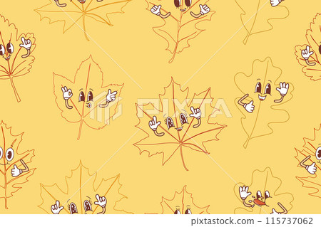Seamless pattern of autumn leaves in kawaii style. Vector illustration on a yellow background. Vector illustration Seamless pattern of autumn leaves in kawaii style. Vector illustration on a yellow background. Vector illustration 115737062