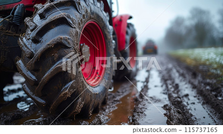 Gritty Wheels: Muddy Tractor in Focus 115737165