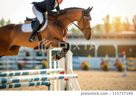 Sunny Day Equestrian Spectacle: Horse Leaping Over Barrier Sunny Day Equestrian Spectacle: Horse Leaping Over Barrier 115737199