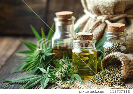 Rustic display of hemp oil, seeds, and cannabis leaves in glass bottles with burlap sack on wooden table 115737518