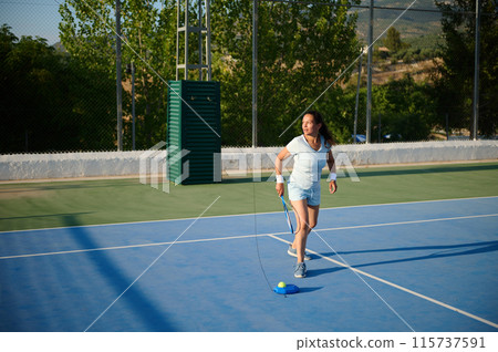 Woman playing tennis outdoors on a sunny day Woman playing tennis outdoors on a sunny day 115737591