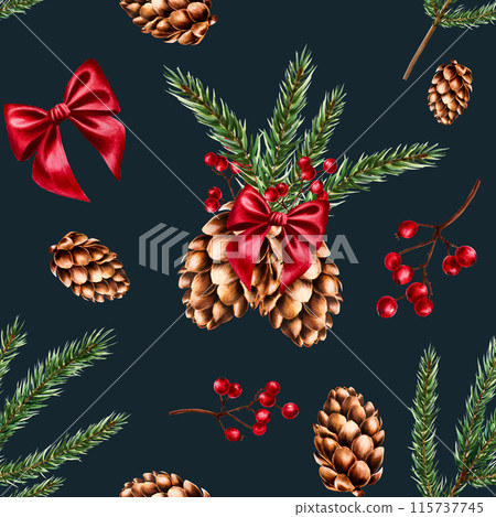 Seamless pattern with cones, red satin bow, pine branches and red berries on a branch. New year watercolor hand drawn botanical illustration of pine, spruce, cedar, fir and larch cone isolated on 115737745