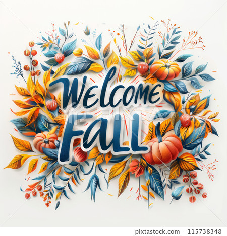 A vibrant illustration featuring the words Welcome Fall surrounded by autumn leaves A vibrant illustration featuring the words Welcome Fall surrounded by autumn leaves 115738348
