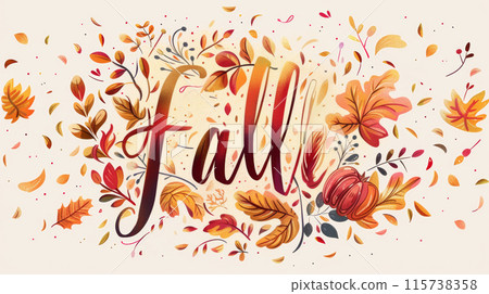 Watercolor illustration of autumn leaves and foliage surrounding the word fall in calligraphy Watercolor illustration of autumn leaves and foliage surrounding the word fall in calligraphy 115738358