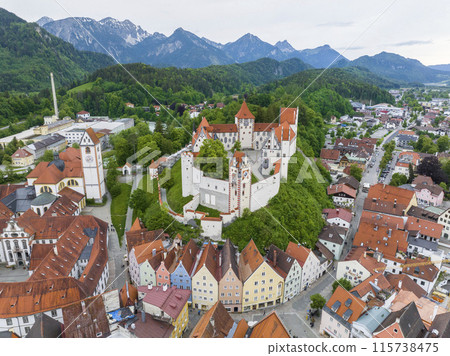 Fussen, Bavaria, Germany. Aerial view over the medieval town at sunset time. Historical Palace, Hohes Schloss. 115738475