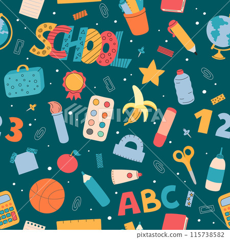 School seamless pattern. Vector background with cute educational elements. School supplies, accessories, tools. Office stationery repeating illustration 115738582