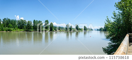 Panoramic view of the Fraser River at Langley Fort, Canada, BC. Panoramic view of the Fraser River at Langley Fort, Canada, BC. 115738618