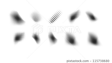 Dotted halftone waves. Abstract shapes, wave effect dotted gradient. Halftone graphic dots waves. Wave dotted halftone. Vector 115738680