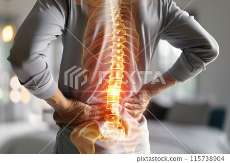Digital rendering of a person with lower back pain and visible spine, suitable for medical studies and pain management materials Digital rendering of a person with lower back pain and visible spine, suitable for medical studies and pain management materials 115738904