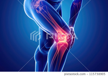 3D illustration of a human knee with highlighted joint pain, ideal for medical and educational use 115738905