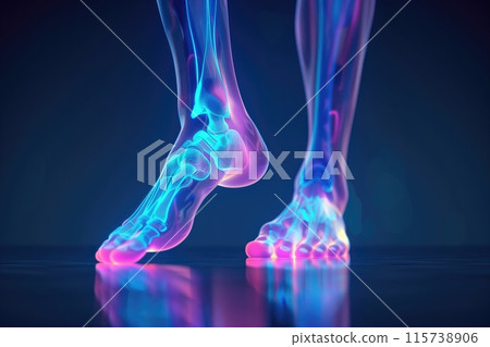 Digital rendering of feet's skeletal system with highlighted joint pain, fungal infection, and various foot conditions, suitable for orthopedic and medical applications 115738906