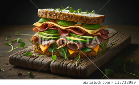 sandwich with exotic ingredients like avocado slices, rare roast beef, aged cheddar, and microgreens. Generative AI 115738989