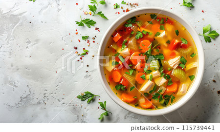 Delicious vegetable soup with herbs and spices 115739441
