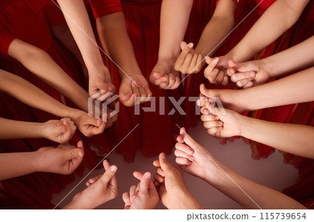 Unified Hands Circle Symbolizing Teamwork, Community and Collaboration 115739654