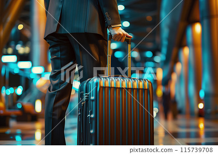 Man dressed in elegant modern suit standing with luxury suitcase in airport Man dressed in elegant modern suit standing with luxury suitcase in airport 115739708