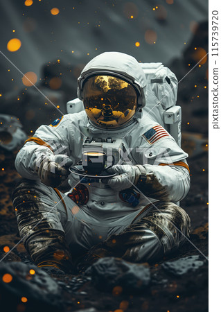 An astronaut holds a cup of coffee in his hand 115739720