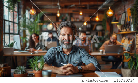 A business team, led by an experienced leader in a cozy office A business team, led by an experienced leader in a cozy office 115739734