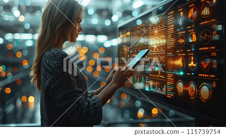 A computer programmer or software engineer uses a digital tablet with an advanced interface, surrounded by glowing data visualizations and digital technology 115739754