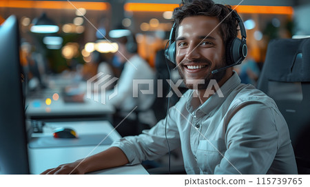 Photo of smiling man, a call center worker with a headset in the office 115739765
