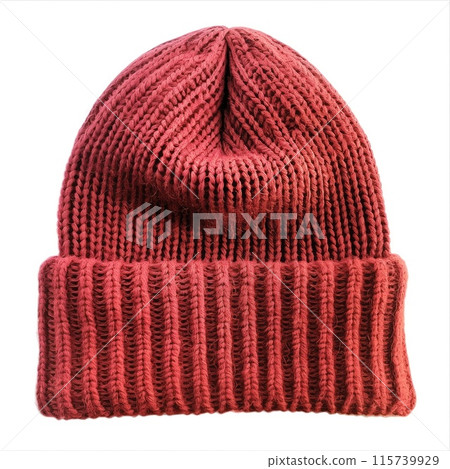 Red ribbed beanie with a folded cuff, presenting a bold and warm accessory, isolated on a white background. 115739929