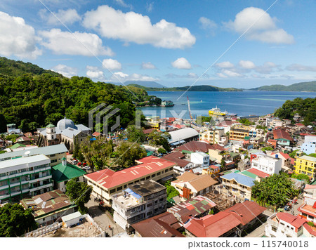Island with small town with residential area and buildings. Romblon Island, Romblon, Philippines. 115740018