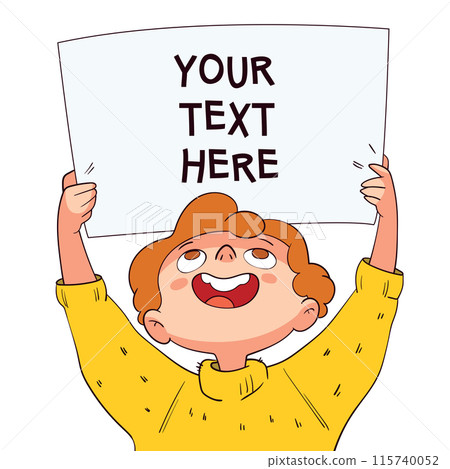 Boy holding poster with inscription. Concept design. Colorful cartoon characters. 115740052