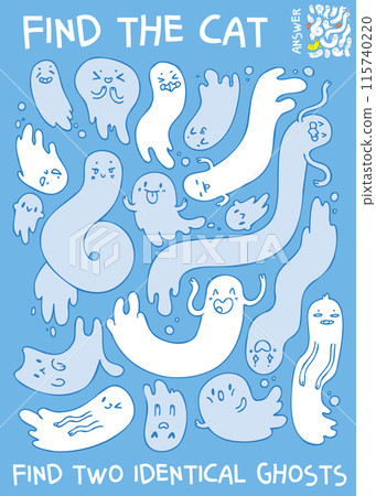 Find two identical ghosts. Find the cat. Extra item. Educational game for kids Find two identical ghosts. Find the cat. Extra item. Educational game for kids 115740220