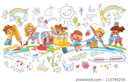 Cute kids paint drawings on the wall. Childrens panorama for your design Cute kids paint drawings on the wall. Childrens panorama for your design 115740259