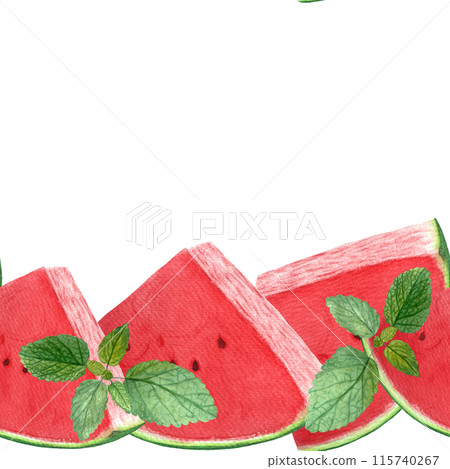 Watermelon juicy slice with mint leaves seamless border. Watercolor isolated on white background, hand drawn for food design. Packages, juice, smoothie, menu, organic food, ice cream label, drinks Watermelon juicy slice with mint leaves seamless border. Watercolor isolated on white background, hand drawn for food design. Packages, juice, smoothie, menu, organic food, ice cream label, drinks 115740267