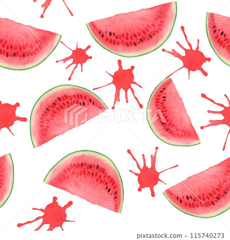 Watermelon whole, juicy slice with a few seeds, mint. Watercolor seamless pattern isolated on white background, hand drawn for food design. Packages, textile, wrapping paper, ice cream label, logo 115740273