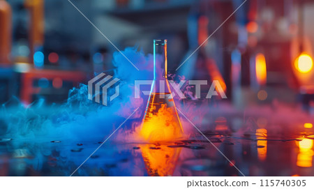 A glass beaker with a blue liquid inside is surrounded by a cloud of steam 115740305