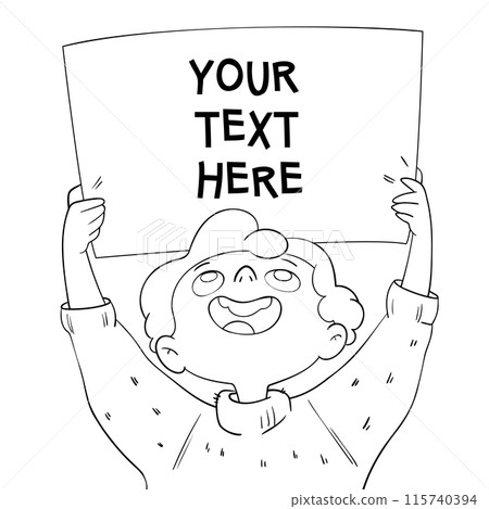 Boy holding poster with inscription. Concept design. Black and white cartoon character 115740394