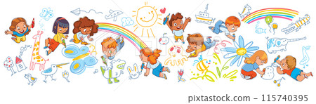 Children doodle on the wall and floor. Boys and girls drawing pictures scribbles 115740395