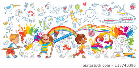 Kids got dirty in the paint drawing funny doodles on the wall. Colorful cartoon characters 115740396